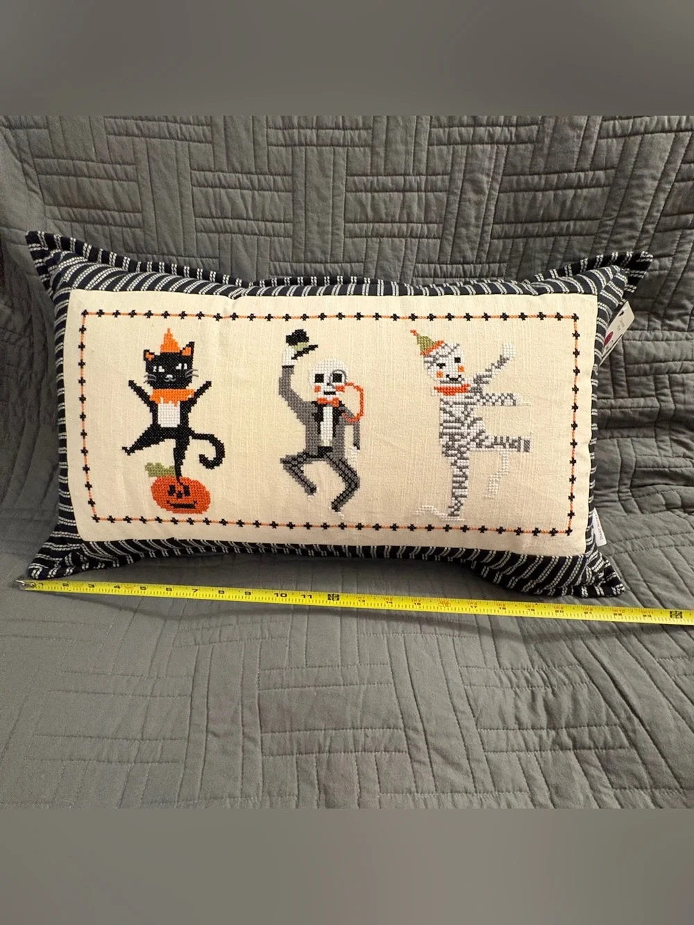 Isaac Mizrahi Needlepoint Vintage Style Halloween Pillow Black Cat, Skeleton
